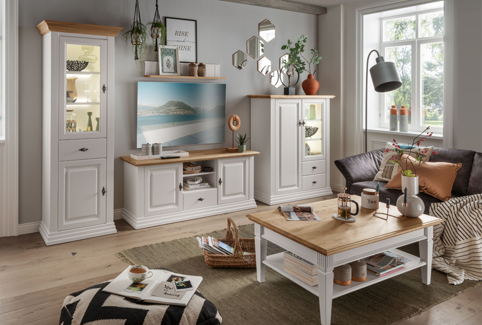 mobilier de salon cottage blanc et bois